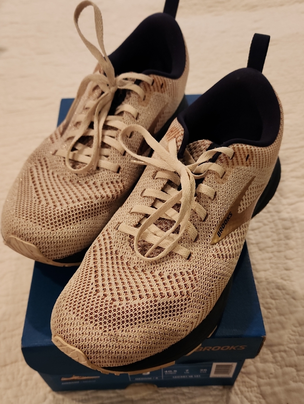 Brooks Revel 5 Running Shoes in Beige (Shimmer) and Dark Blue